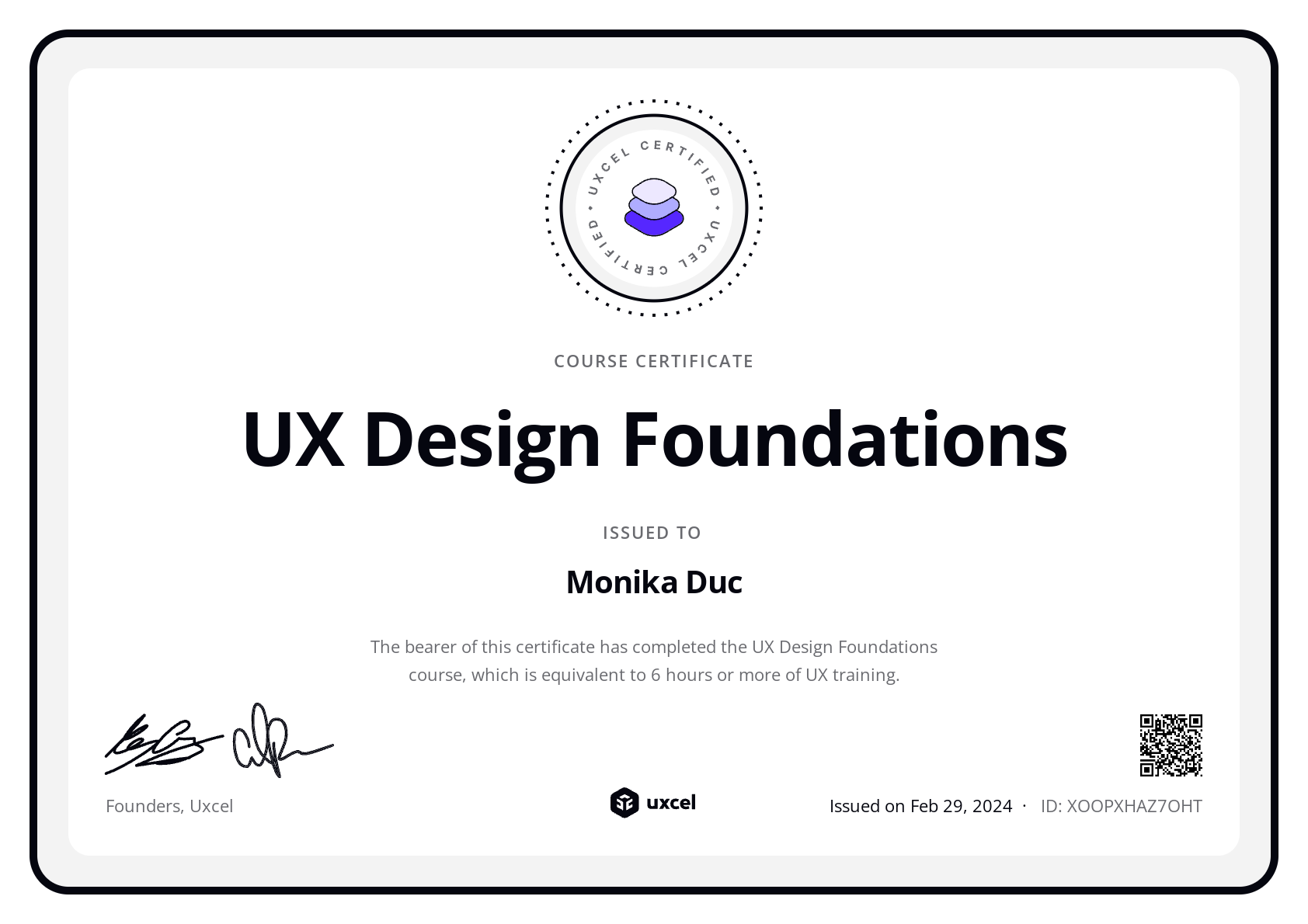 Monika Duc's certificate